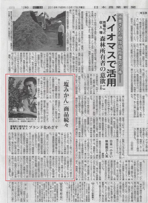 日本農業新聞：塩みかん：ミヤモトオレンジガーデン：161017