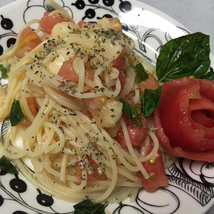 桃とトマトの冷製パスタ　完熟みかん